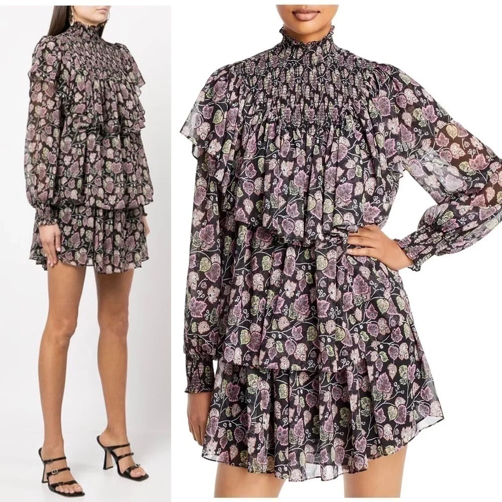 NWT CINQ A SEPT Boho Floral Ruffle Puffed Long Sleeve Smocked High‎ Neck Dress 8